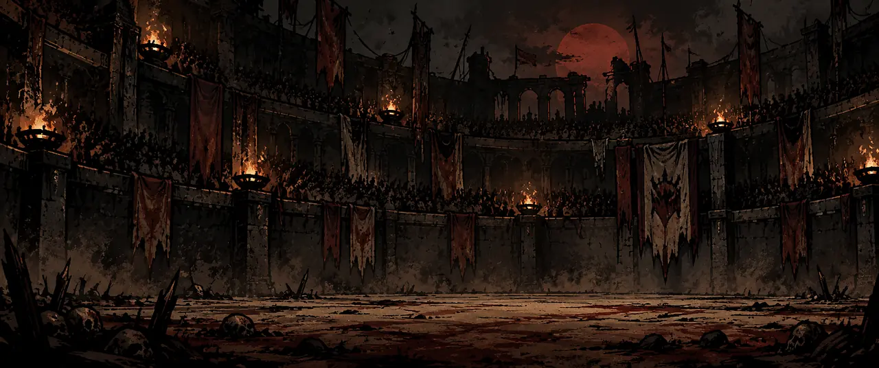 A torch-lit arena under a red moon, its crowd packed along the walls.