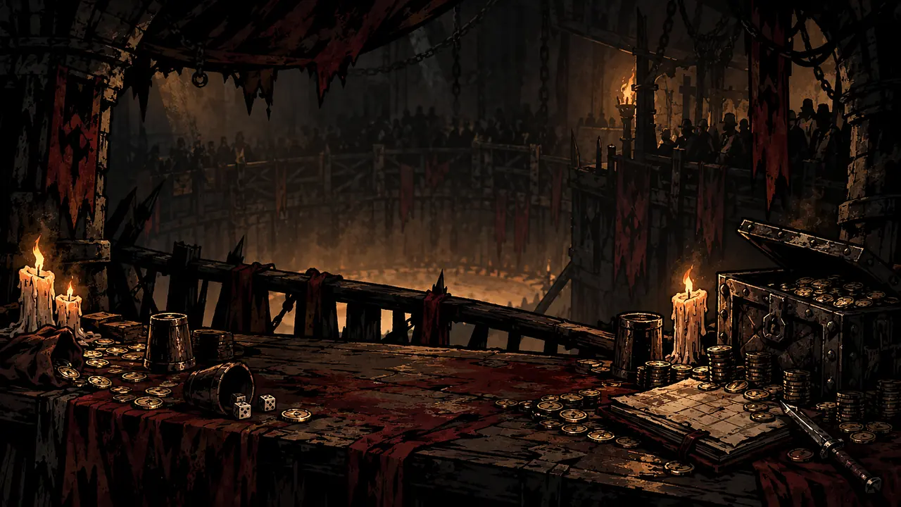 A blood-stained table of coins, dice cups and candles, with the arena glowing behind it.